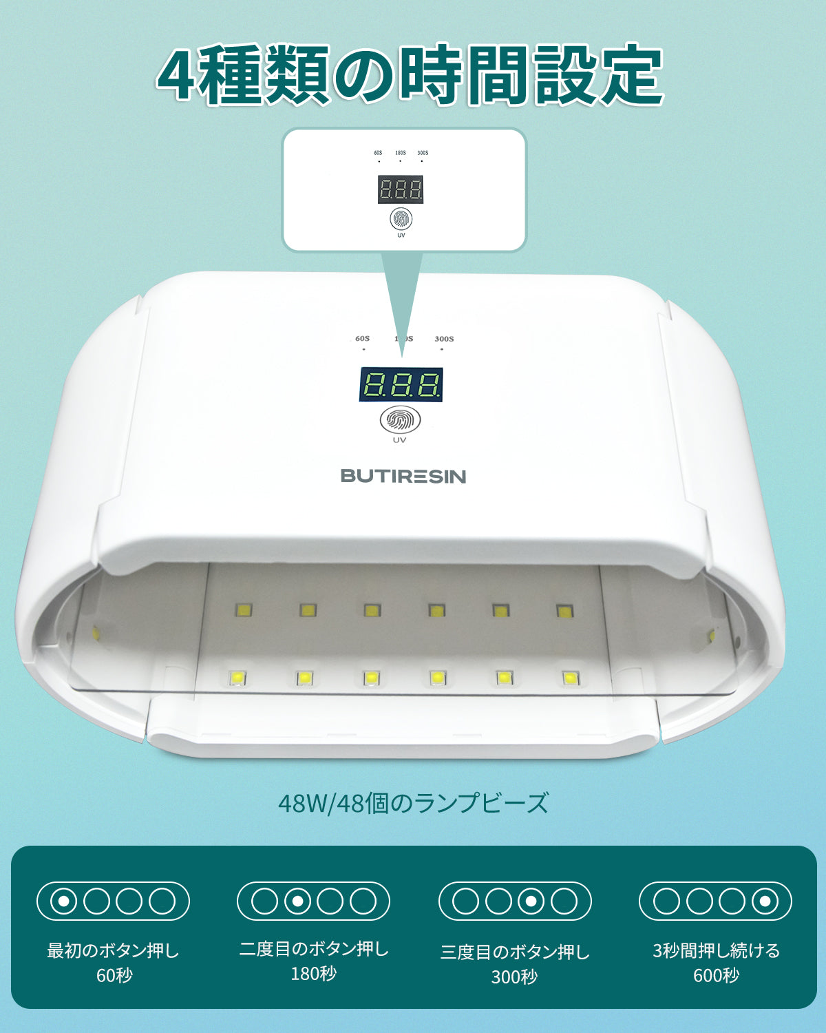 BUTIRESIN UVライト アドバンス 2 in 1 両面長時間設定 (60s、180s、300s) 48 個の LED 48W 付き レジン ライト 360 度サラウンド光源 ライト uvレジンキット(アップグレード: アダプター+UVレジン 100g付属) - ButiResin