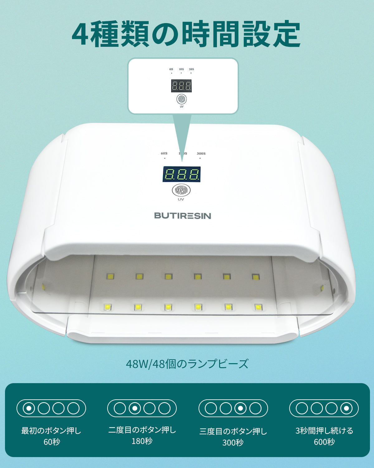 BUTIRESIN UVライト アドバンス 2 in 1 両面長時間設定 (60 秒、180 秒、300 秒) 48 個の LED 48W 付き UV 樹脂ライト 360 度サラウンド光源 樹脂硬化用大型 UV ランプ DIY クラフト装飾 ジュエリー作り 分割使用可能 デジタル表示タイマー(アップグレード版)